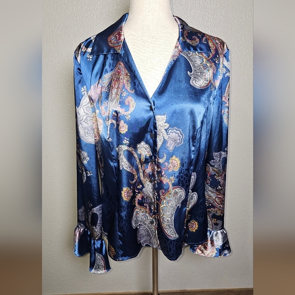Spense Paisley Satin Blouse - Blue pink Ruffle Statement Sleeve Button Up Large - Picture 10 of 16